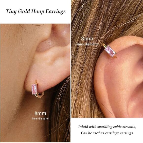 14K Yellow Gold with Pink Sapphire Cubic Zirconia Baguette Cut Huggie Earrings - Picture 6 of 7